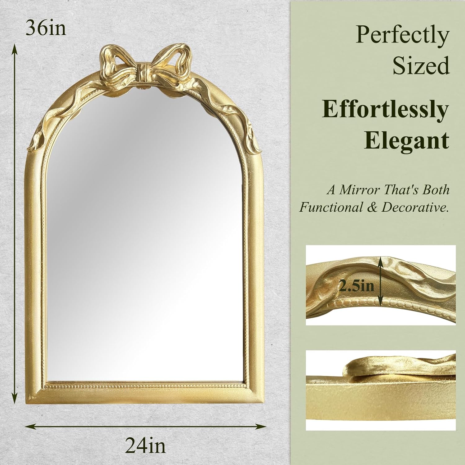 36x24 Arched Gold Bow Wall Mirror, Vintage Vanity Mirror for Bathroom & Bedroom Decor, Antique French Style Engineered Wood Frame with Ribbon Knot, Cute Coquette Aesthetic