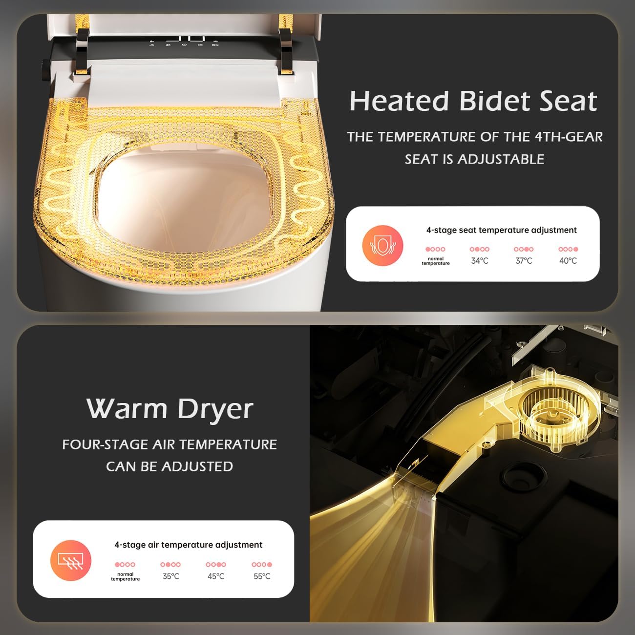 Smart Toilet with Bidet Built in,Bidet Toilet with Elongated Heated Seat,Foot Sensor,Auto Flush,Sprayer and Dryer,One Piece Tankless Toilets for Bathroom(ST016-WBKD)