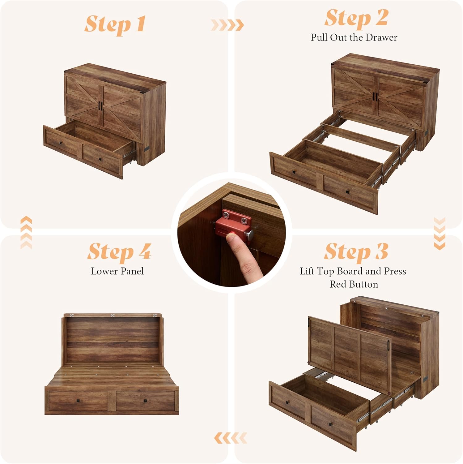 AMERLIFE Full Murphy Bed Cabinet with Charging Station and Storage, Farmhouse Foldable Platform Bed for Guest Room, Office, Small Spaces, Barnwood