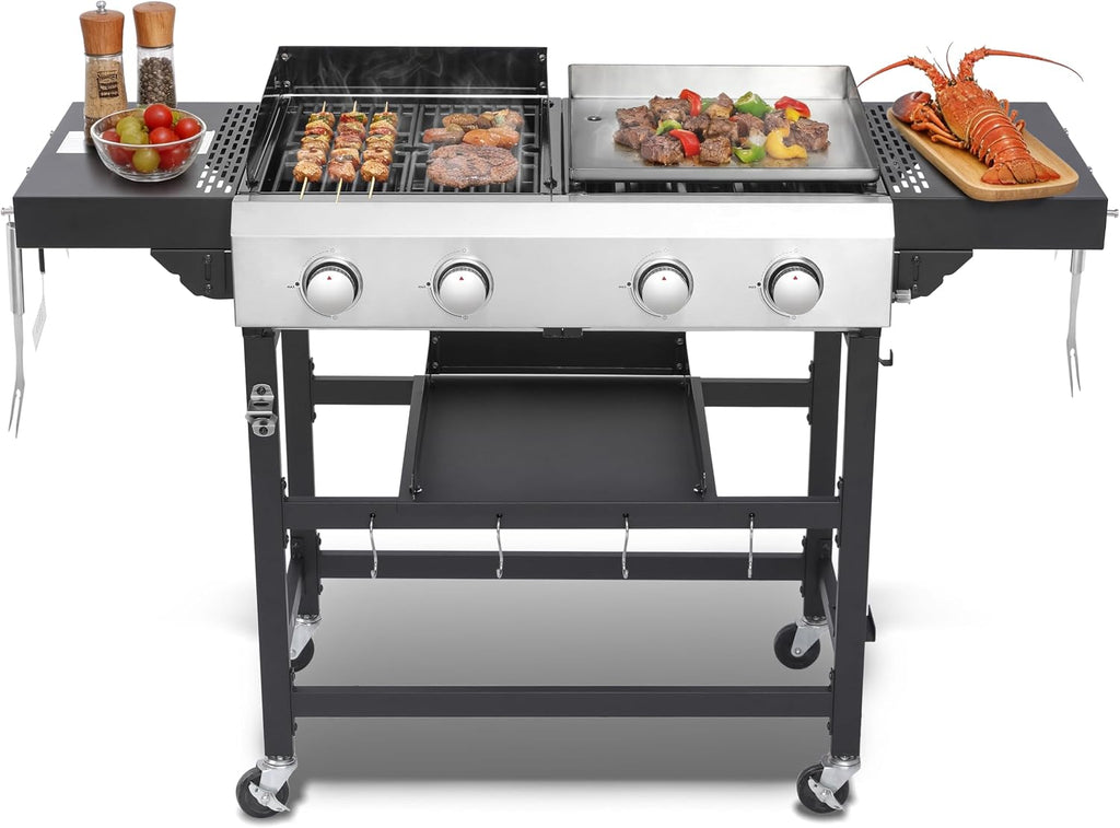 Propane Gas Griddle Grill Combo, 2-in-1 BBQ with Flat Top & Cast Iron Grate, 4 Burner Outdoor Cooking Station with Folding Shelf & Wheels, Stainless Steel Cart for Backyard Patio