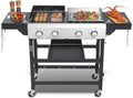 Propane Gas Griddle Grill Combo, 2-in-1 BBQ with Flat Top & Cast Iron Grate, 4 Burner Outdoor Cooking Station with Folding Shelf & Wheels, Stainless Steel Cart for Backyard Patio
