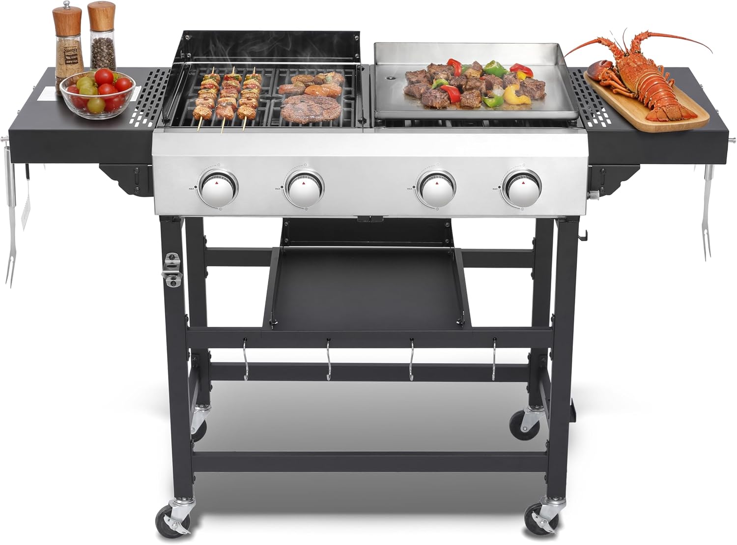 Propane Gas Griddle Grill Combo, 2-in-1 BBQ with Flat Top & Cast Iron Grate, 4 Burner Outdoor Cooking Station with Folding Shelf & Wheels, Stainless Steel Cart for Backyard Patio