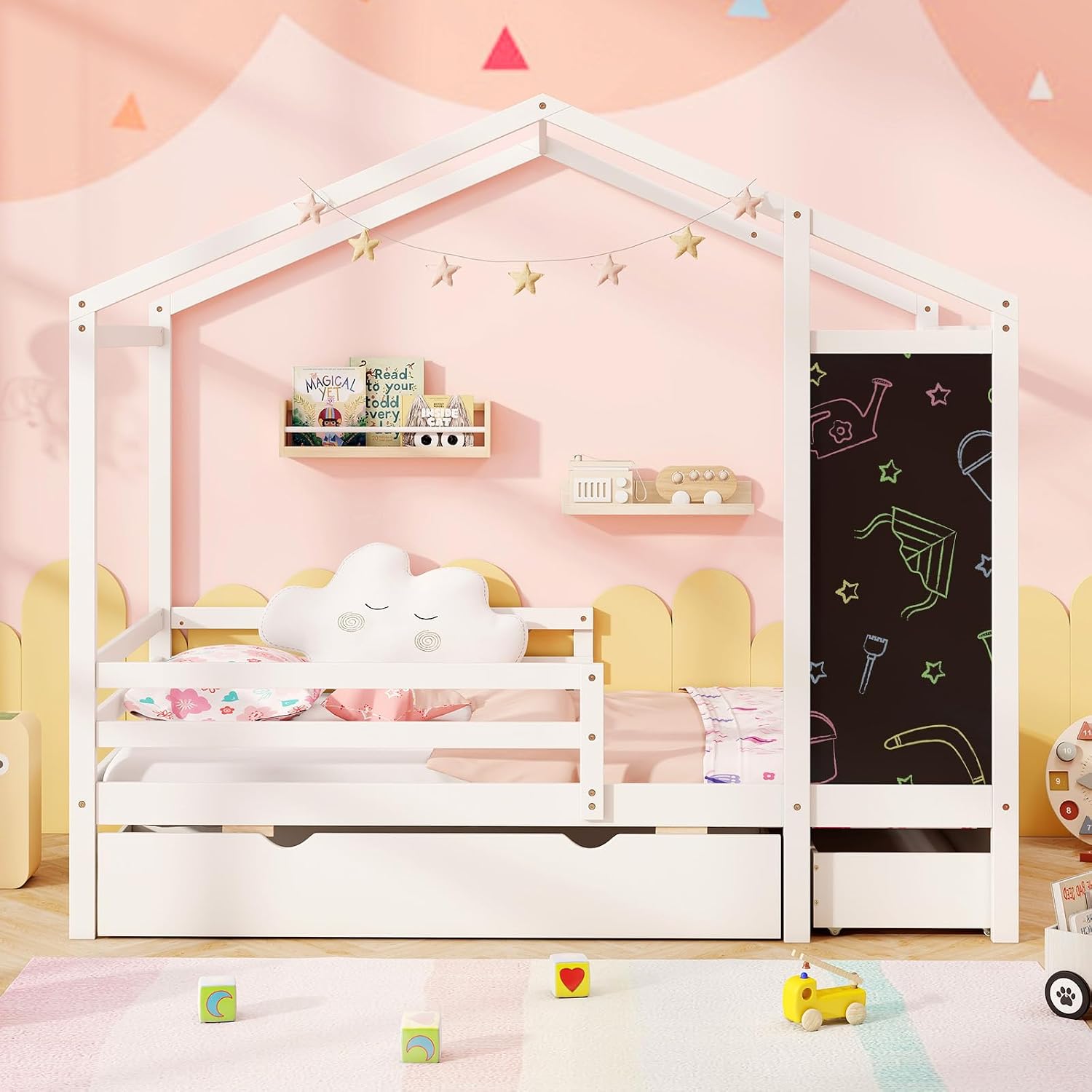 Giantex Twin Bed with 2 Storage Drawers, Solid Wood House Bed with Blackboard & Safety Guardrails, Twin House Bed w/Slats Support, No Box Spring Needed, Twin Bed Frames for Kids Girls Boys (White)