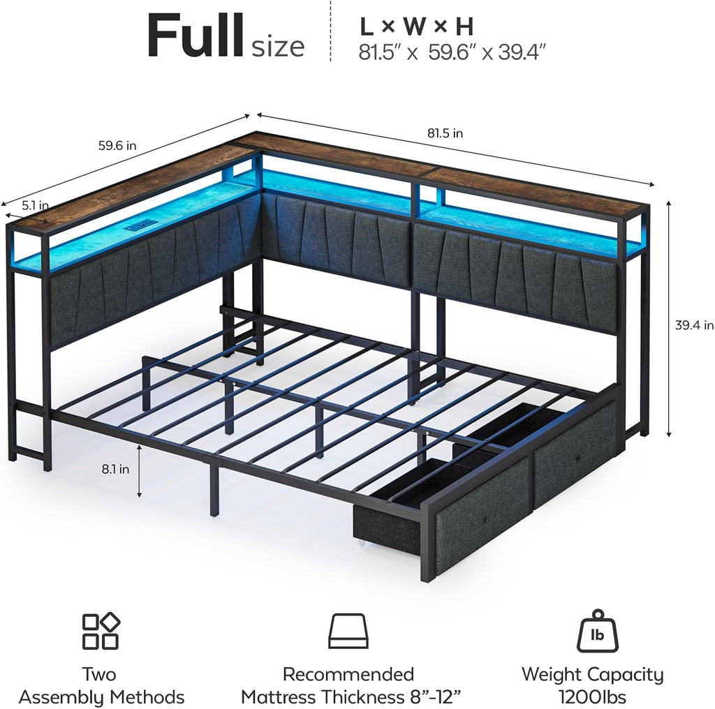 Full Corner Bed Frame with Storage Drawers, Modern Daybed with LED Lights and Charging Station, Metal Platform Bed Frame Full Size with Linen Upholstered Guardrail for Dorm Bedroom, Grey