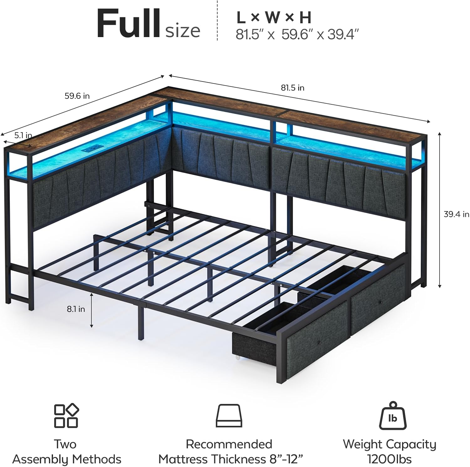 Full Corner Bed Frame with Storage Drawers, Modern Daybed with LED Lights and Charging Station, Metal Platform Bed Frame Full Size with Linen Upholstered Guardrail for Dorm Bedroom, Grey