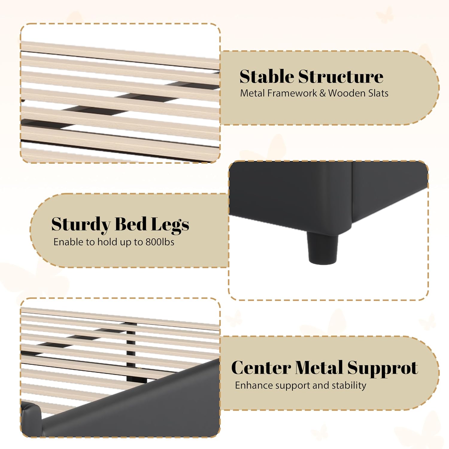 Merax PU Leather Upholstered Platform Bed with Butterfly Shaped Headboard and Footboard, Full Size Bed Frame for Bedroom, Solid Wood Slats Support, No Box Spring Needed, Easy Assembly, Black