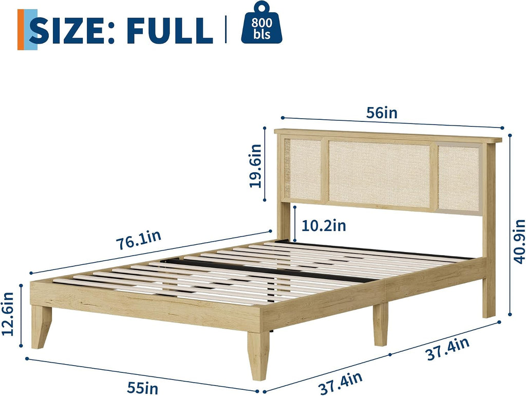 IDEALHOUSE Full Bed Frame with Natural Rattan Headboard, Slats, Bohemian-Style Cane Mattress Support, Strong Metal Base with Resilient Wooden, No Box Spring Needed