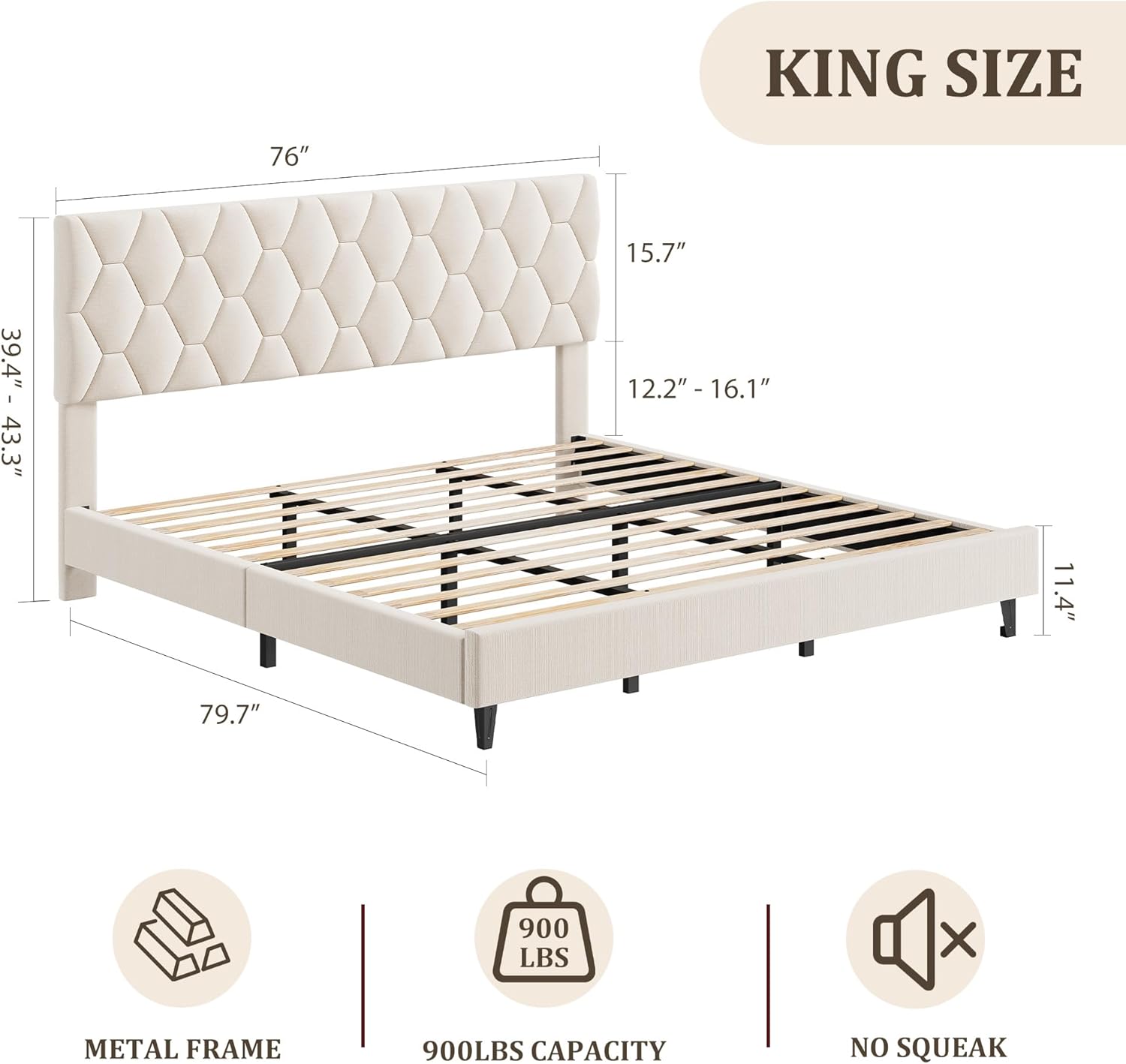 GAOMON King Bed Frame with Upholstered Headboard, Heavy-Duty Platform Bed Frame with Strong Wood Slats, No Box Spring Needed/Noise Free/Easy Assembly, Ivory White