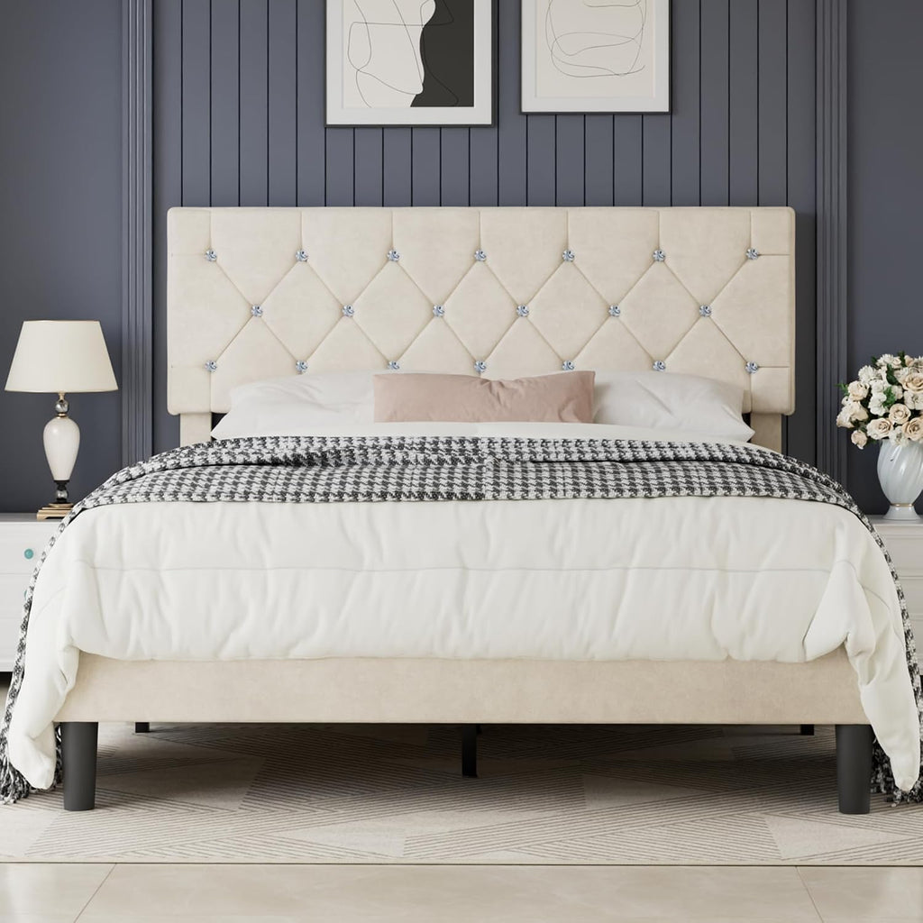 VECELO Full Size Bed Frame with Diamond Tufted Headboard, Upholstered Platform Bedframe with Wood Slat Support, No Box Spring Needed, Pala Beige