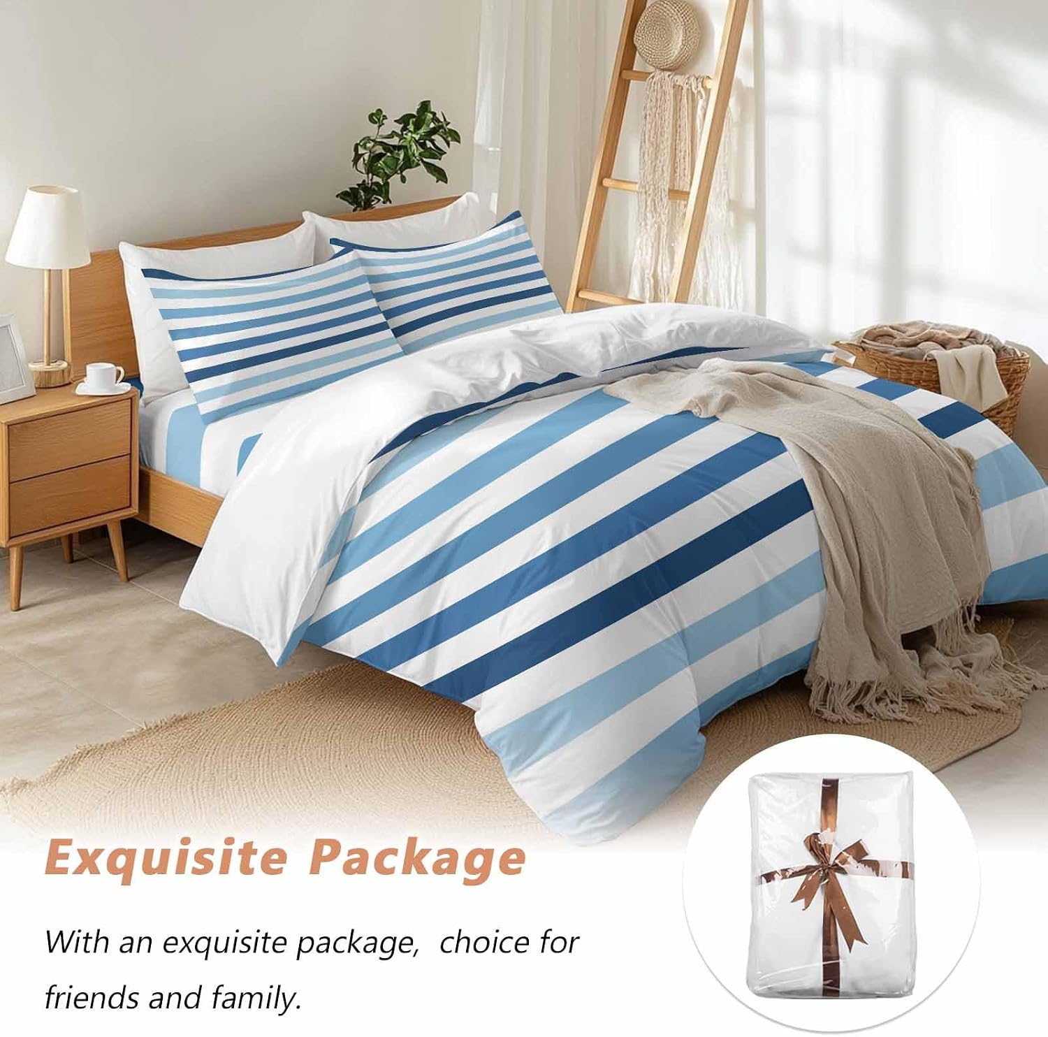 Prime Leader Gradient Blue White Striped Duvet Cover Set Queen Size 4 Pieces Modern Minimalist Lines Bedding Set with Zipper Closure, 1 Comforter Cover 86x86 Inches 1 Flat Sheet & 2 Pillow Cases