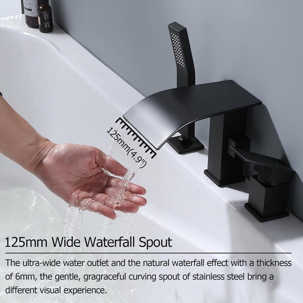 Waterfall Roman Tub Faucet with Hand Shower, Deck Mount Tub Filler Bathtub Faucet with Sprayer, Single Handle Bathtub Faucet Set, Brass Widespread 3 Hole Bathtub Shower Faucet Set Matte Black