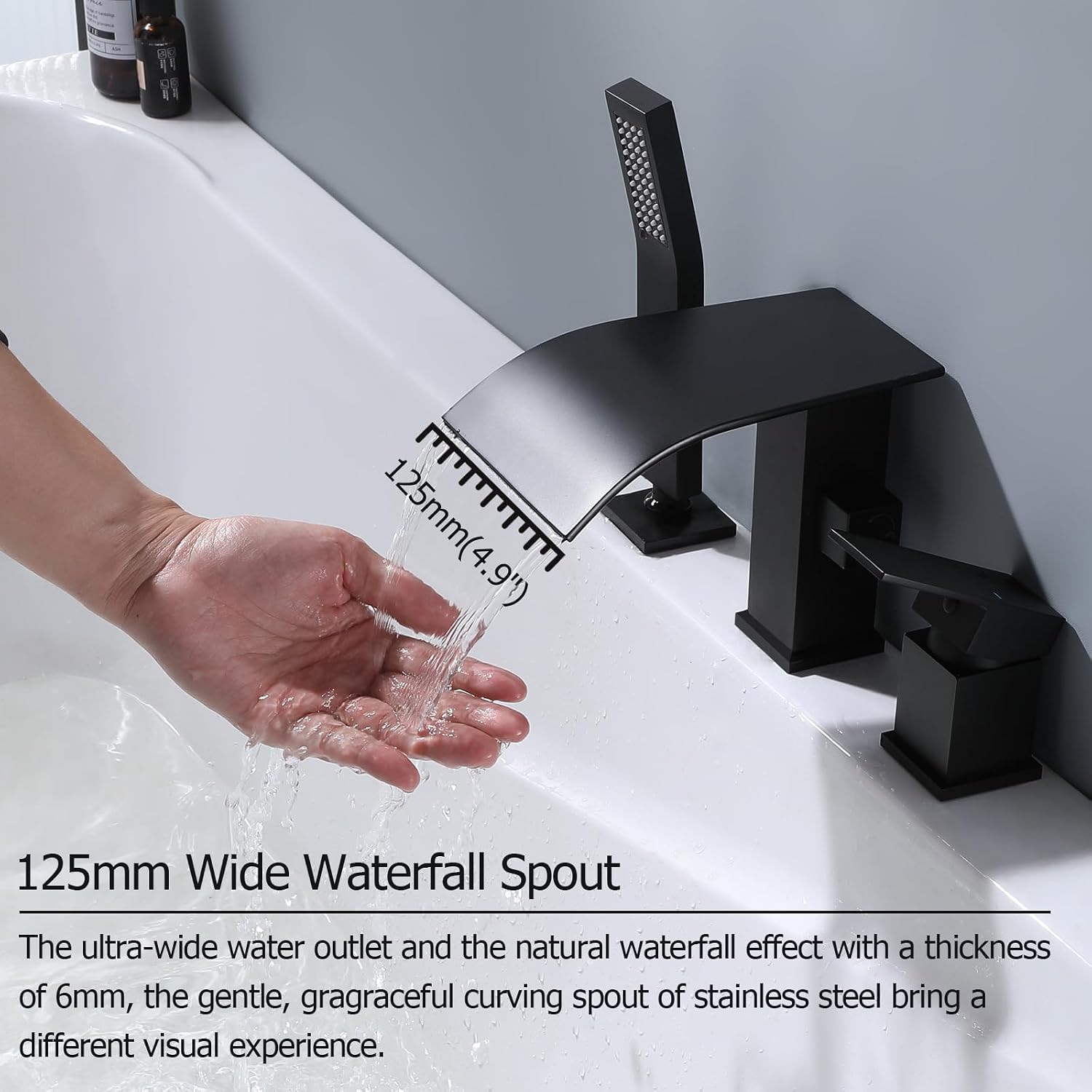 Waterfall Roman Tub Faucet with Hand Shower, Deck Mount Tub Filler Bathtub Faucet with Sprayer, Single Handle Bathtub Faucet Set, Brass Widespread 3 Hole Bathtub Shower Faucet Set Matte Black