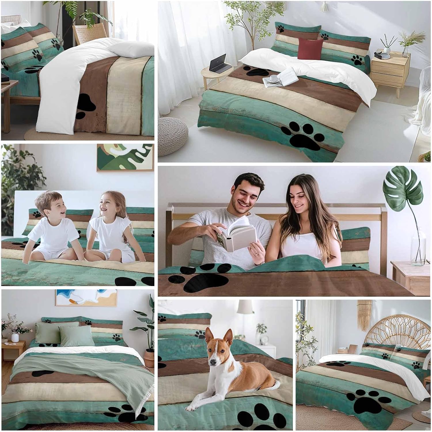 Farmhouse Duvet Cover Set Queen Size 4 Pieces Cute Animal Claws Vintage Green Brown Wood Grain Bedding Set with Zipper Closure, 1 Comforter Cover 92x106 Inches 1 Flat Sheet & 2 Pillow Cases