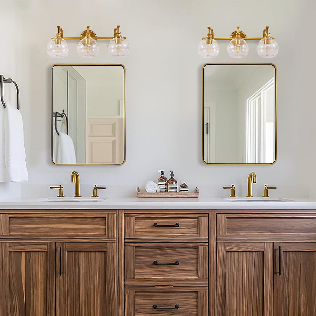 ANDY STAR Bruhsed Gold Bathroom Light Fixtures, Gold 3 Light Bathroom Vanity Lights, 3 Lights Wall Light with Globe Clear Lampshade, Vintage Brass Sconce with Metal Lamp Body for Bedroom, Living Room