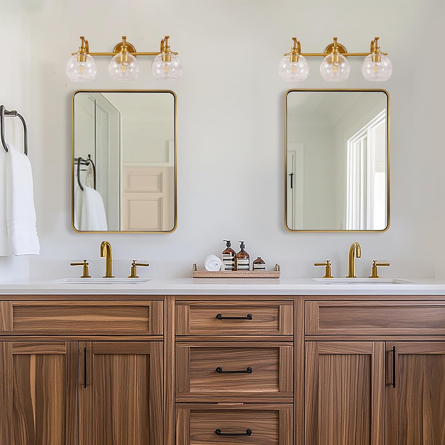 ANDY STAR Bruhsed Gold Bathroom Light Fixtures, Gold 3 Light Bathroom Vanity Lights, 3 Lights Wall Light with Globe Clear Lampshade, Vintage Brass Sconce with Metal Lamp Body for Bedroom, Living Room