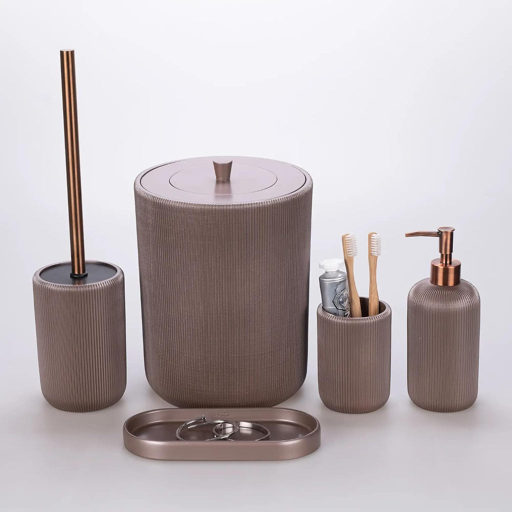 Lydia Collection 5-Piece Resin Bathroom Accessories Set – Toilet Brush Holder, Waste Bin, Soap Dispenser, Tray & Toothbrush Holder (Taupe)