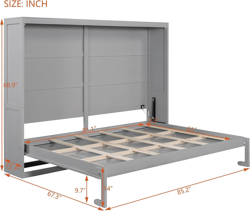 Harper & Bright Designs Queen Size Murphy Bed, Wooden Queen Wall Bed Modern Design with LED Lights, Gray
