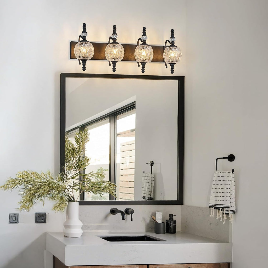 Modern Crystal Bathroom Vanity Lights Fixtures Over Mirror Black Vintage 4-Lights 28 Inch Bathroom Light Fixtures Glass Crystal Vanity Lights
