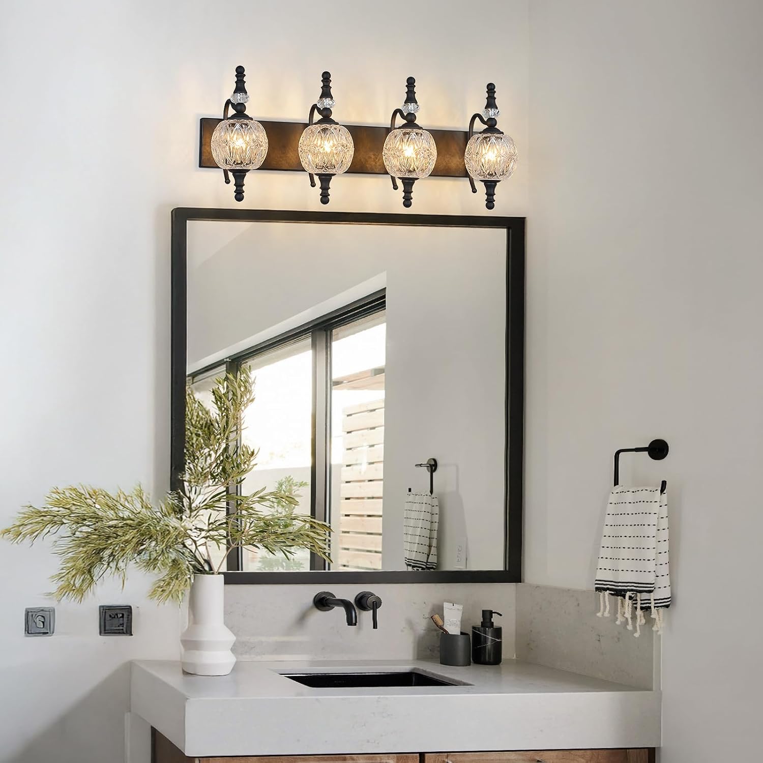 Modern Crystal Bathroom Vanity Lights Fixtures Over Mirror Black Vintage 4-Lights 28 Inch Bathroom Light Fixtures Glass Crystal Vanity Lights