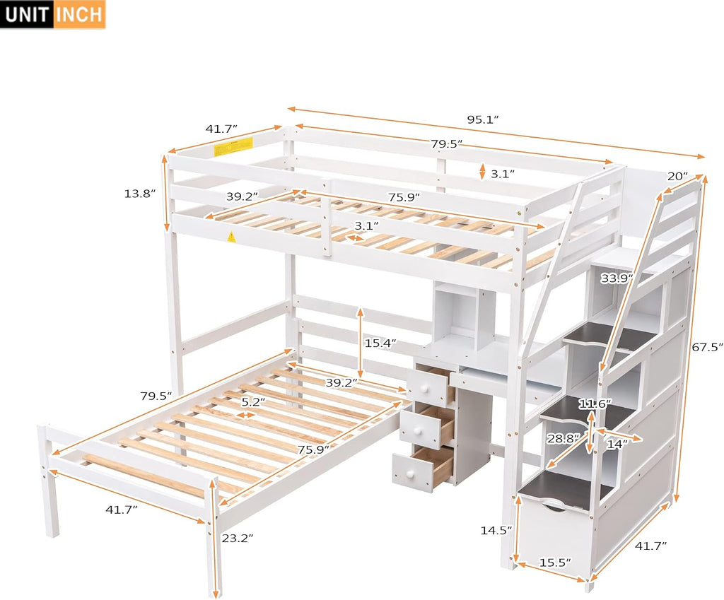 Harper & Bright Designs Twin Over Twin Bunk Bed with Desk, Heavy Duty Wood Loft Bedframe W/Shelves,Easy Assembly,Versatile Functional Bedroom Furniture Set for Boy Girl Teens,White