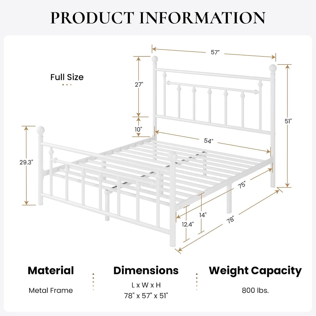 SHA CERLIN 14' Full Size Metal Platform Bed Frame/Victorian Headboard and Footboard/Steel Slats Mattress Foundation for Storage/No Box Spring Needed/Noise Free/White