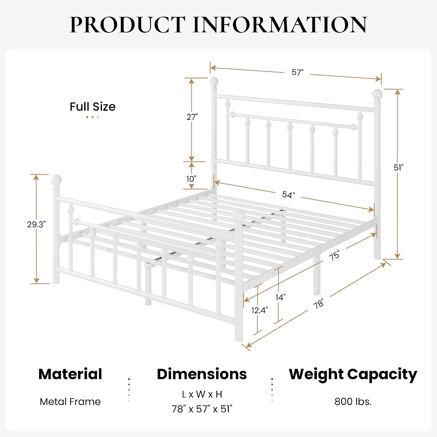SHA CERLIN 14' Full Size Metal Platform Bed Frame/Victorian Headboard and Footboard/Steel Slats Mattress Foundation for Storage/No Box Spring Needed/Noise Free/White