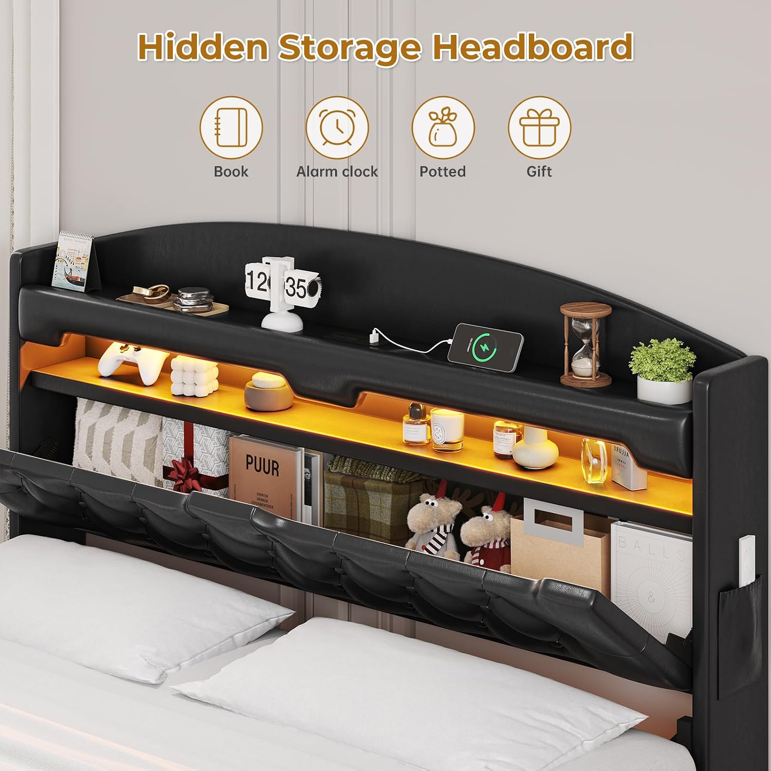 BTHFST Floating Bed Frame Full Size with Type-C Charging Station & Storage Headboard, RGB Floating Platform Bed, No Box Spring Needed, Wooden Slats Support, PU Black