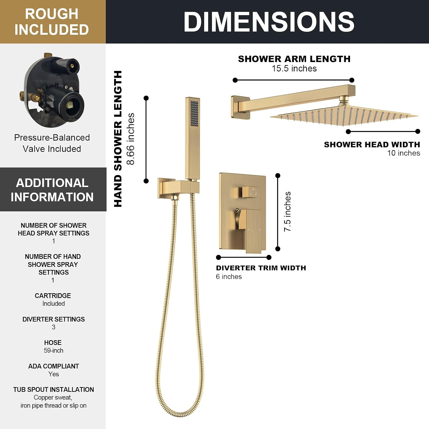 Lava Odoro Modern 2-Setting Square Shower Faucet Set with Shower Head and Handheld Sprayer Gold, Rainfall Shower System with Hand Shower, Shower Valve Trim Kit, Champagne Gold, SF103-CB