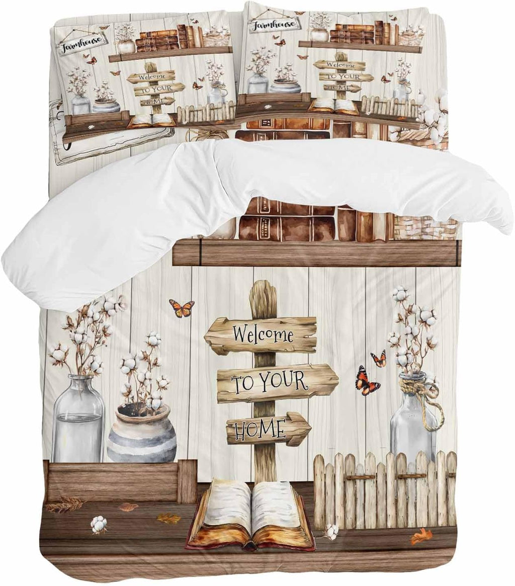 Prime Leader Vintage Duvet Cover Set Queen Size 4 Pieces Welcome to Your Home Farmhouse Cotton Bottle Bedding Set with Zipper Closure, 1 Comforter Cover 92x106 Inches 1 Flat Sheet & 2 Pillow Cases