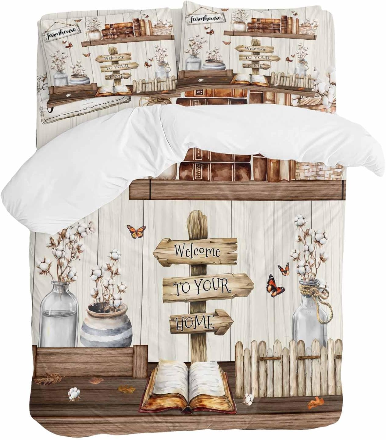 Prime Leader Vintage Duvet Cover Set Queen Size 4 Pieces Welcome to Your Home Farmhouse Cotton Bottle Bedding Set with Zipper Closure, 1 Comforter Cover 92x106 Inches 1 Flat Sheet & 2 Pillow Cases