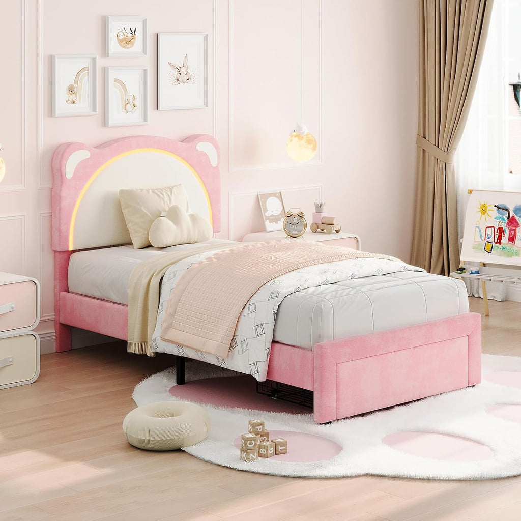 IDEALHOUSE Twin XL Size LED Bed Frame with Storage Drawers,Adjustable Headboard with Cute Bear Design,Soft Velvet Fabric Bed Frame for Kids,Solid Wood Slat Support,Noise-Free,Easy Assembly,Pink