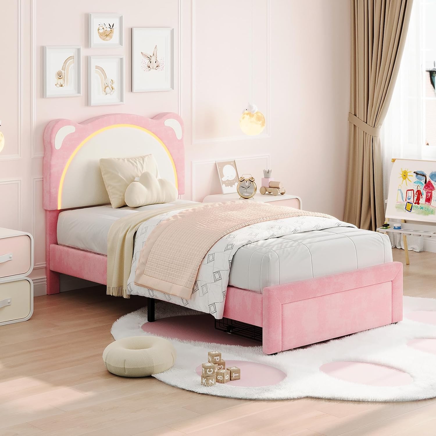 IDEALHOUSE Twin XL Size LED Bed Frame with Storage Drawers,Adjustable Headboard with Cute Bear Design,Soft Velvet Fabric Bed Frame for Kids,Solid Wood Slat Support,Noise-Free,Easy Assembly,Pink