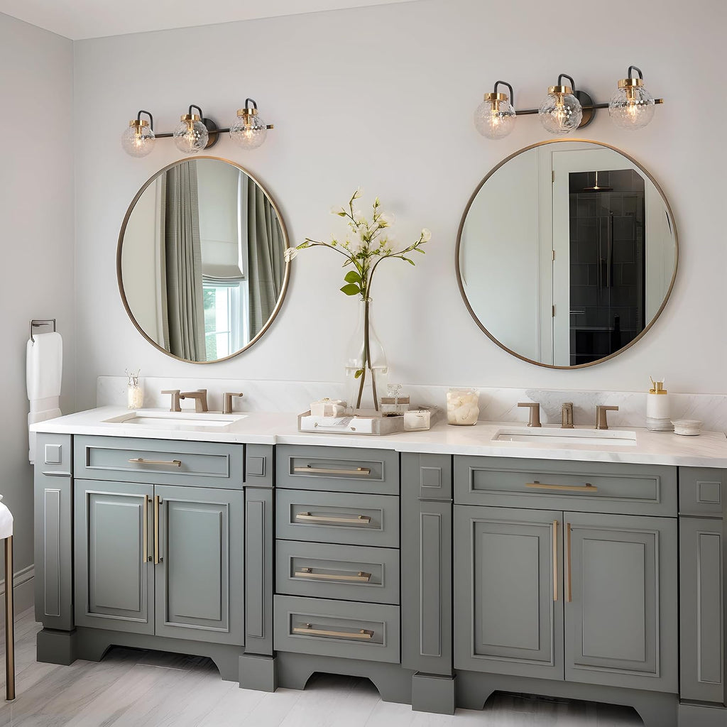 KSANA Black Bathroom Vanity Light Fixtures, Modern Farmhouse 3-Light Black Gold Vanity Lighting with Textured Glass Over Mirror