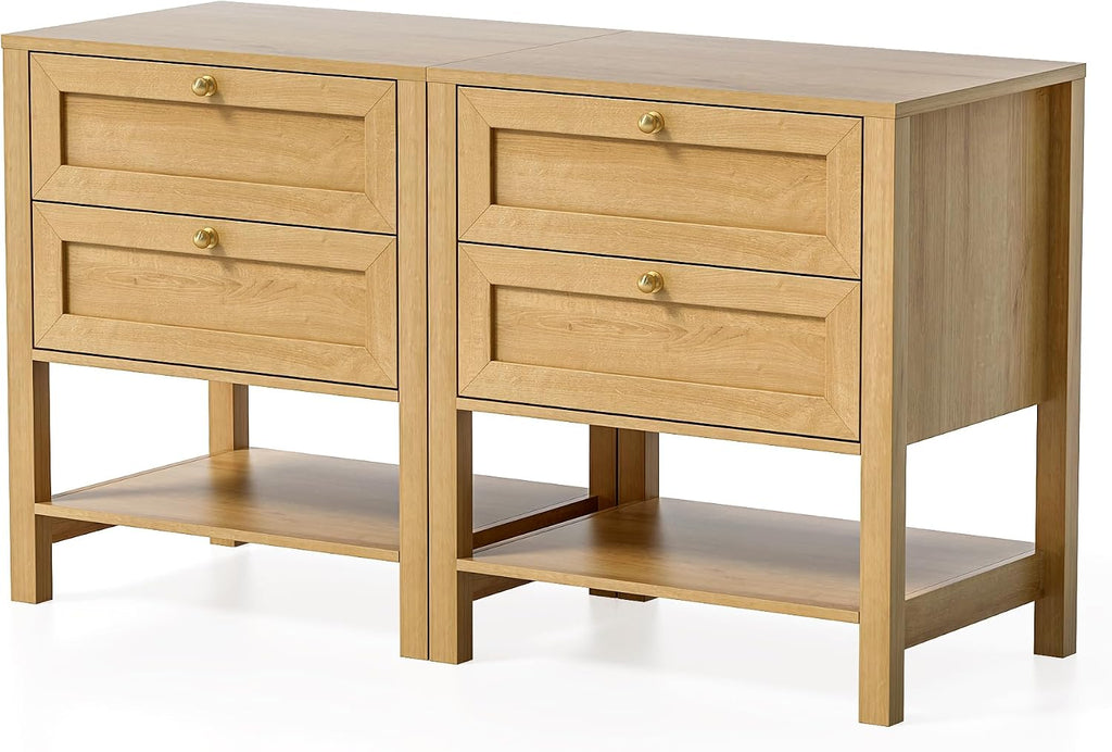 EYYTHUNG Farmhouse Nightstand Set of 2 with Drawers, 24.4' Tall Modern Wood Bedside Table with Open Shelf, Large End Table for Bedroom, Natural Oak