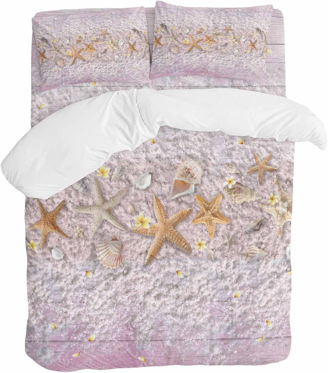 Summer Marine Life Duvet Cover Set Queen Size 4 Pieces Ocean Starfish Conch Shell Beach Pink Wood Grain Bedding Set with Zipper Closure, 1 Comforter Cover 92x106 Inches 1 Flat Sheet & 2 Pillow Cases
