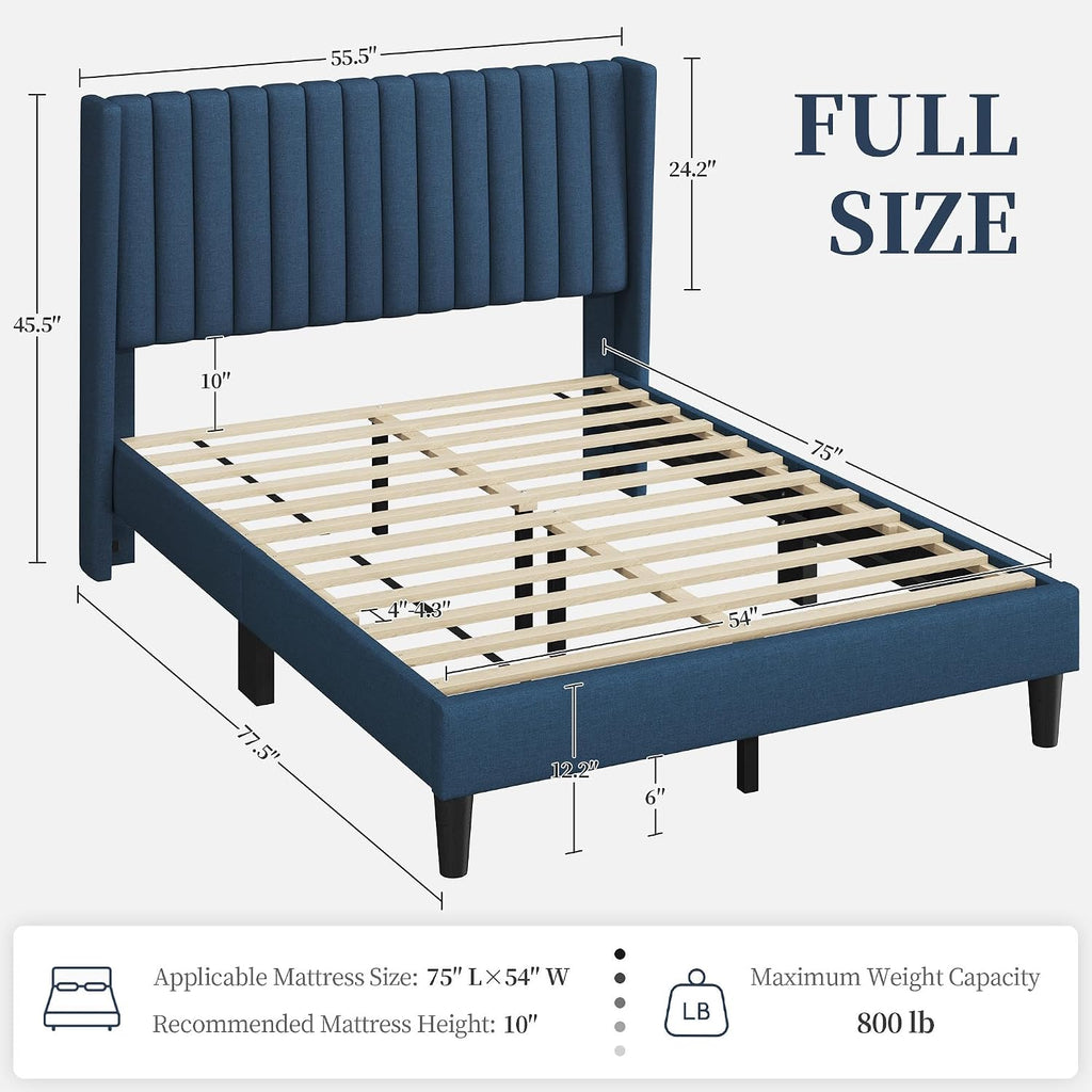 Yaheetech Full Size Bed Frame, Upholstered Platform Bed with Wing Edge Headboard, Square Tufted Fabric/Mattress Foundation/Wooden Slats Support/No Box Spring Needed/Easy Assembly/Navy Blue