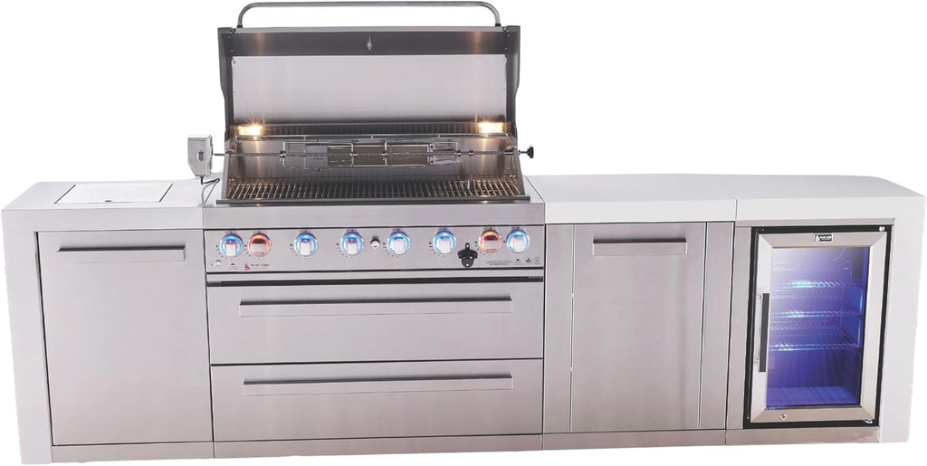 Mont Alpi Premium 119'W x 23'D Deluxe Stainless Steel Outdoor Kitchen Island with Refrigerator + 44'W 6-Burner BBQ Grill + Granite Countertops + Storage Cabinets + Chopping Board + Rotisserie + Cover