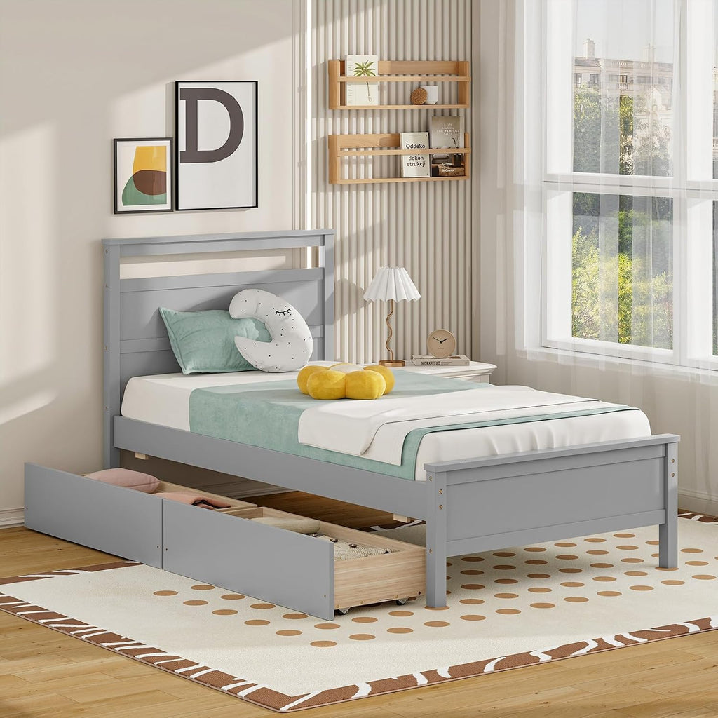 Giantex Wood Twin Bed with 2 Storage Drawers, Solid Wood Platform Bed with Headboard, Single Bed Wooden Slats Support, No Spring Needed, Twin Bed Frame for Kids, Teens, Adults (Grey)