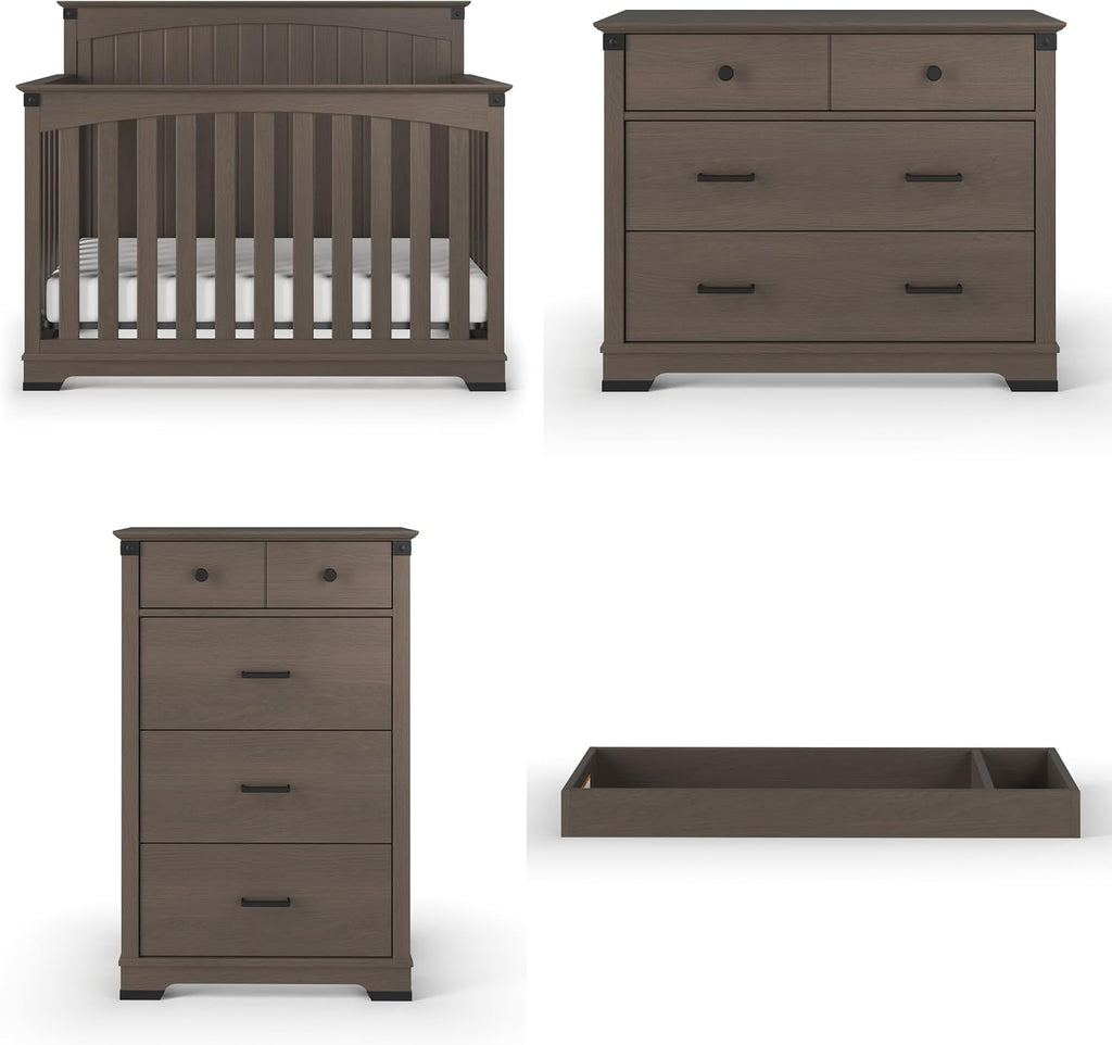 Child Craft Redmond Design 4-in-1 Convertible Baby Crib Nursery Furniture Set - Baby Bed, Dresser, Changing Table Topper and Chest Drawer for Babies, Toddlers and Kids (4 Piece - Dapper Gray)