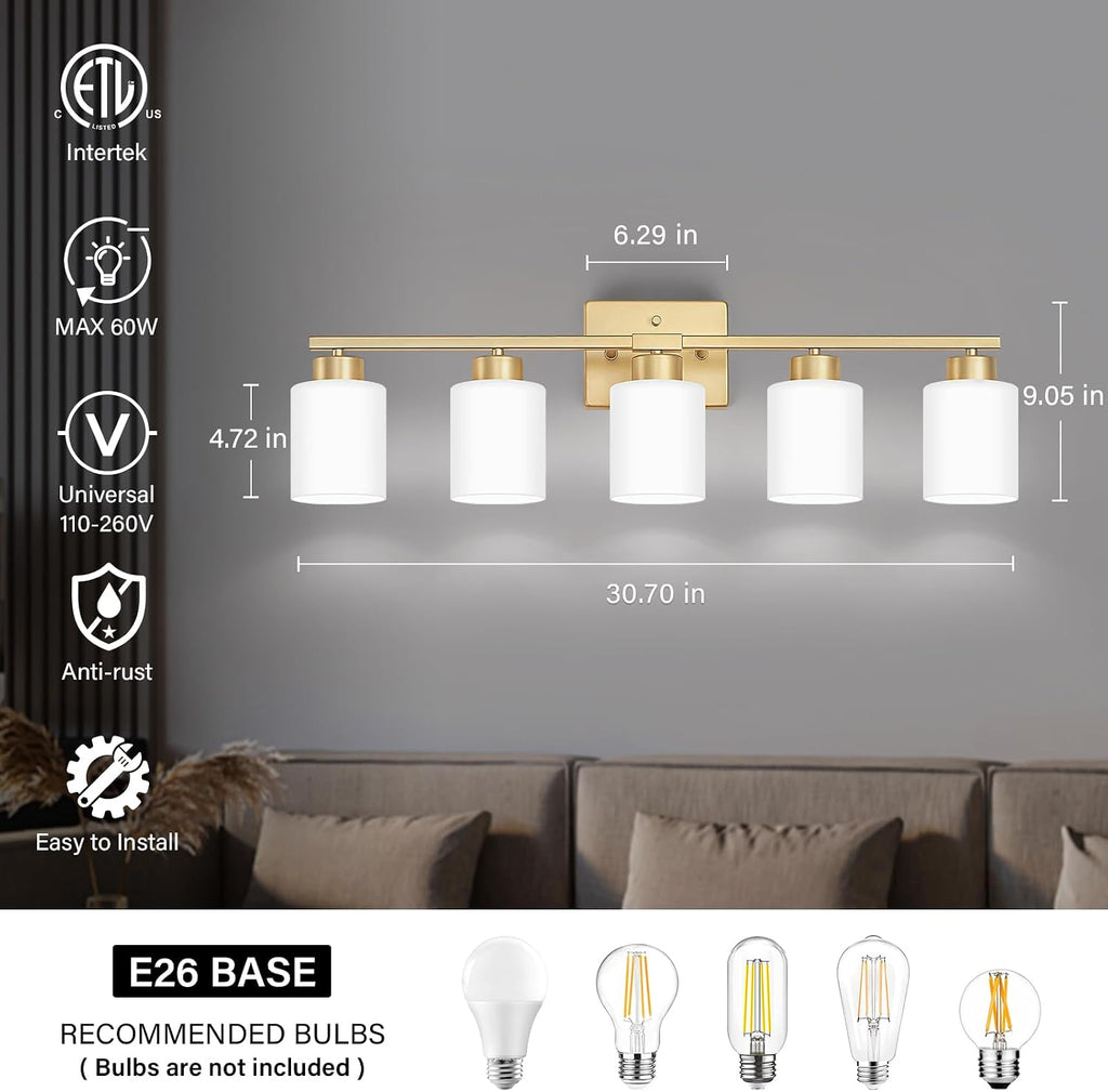 FonmYim Gold Bathroom Light Fixtures, 5-Light Modern Vanity Light Over Mirror, Wall Sconces with Milky White Frosted Glass Shades, E26 Socket (Bulbs Not Included)
