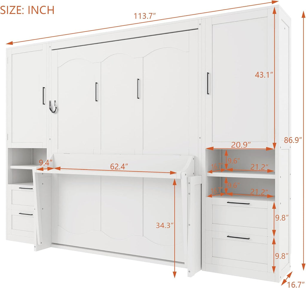 Merax Queen Size Murphy Bed with Desk, Multifunctional Foldable Wall Bed with Closet, Drawers and Shelves, Space-Saving Wood Platform Bed Frame for Small Spaces Studio Study Office Guest Room, White