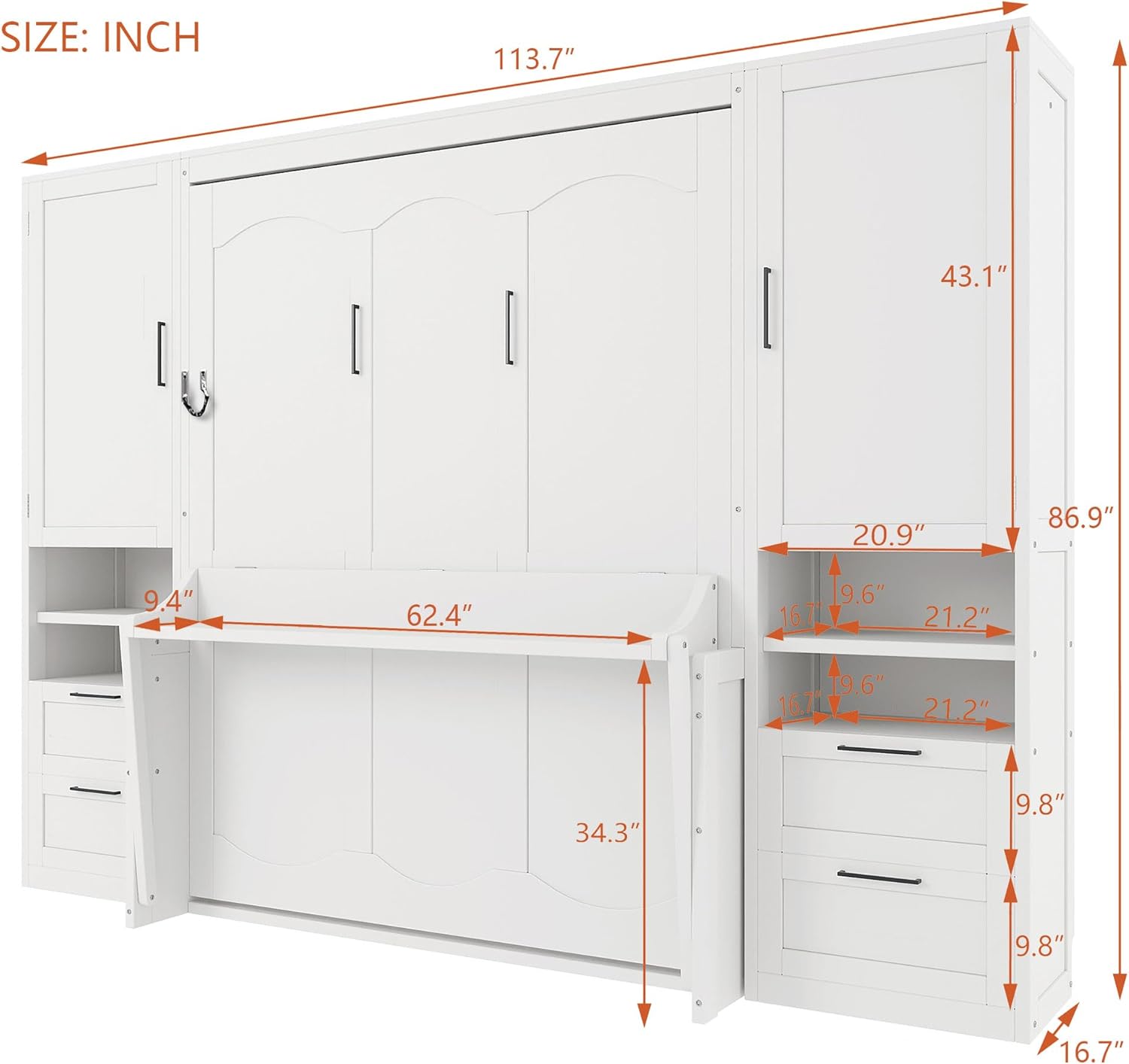 Merax Queen Size Murphy Bed with Desk, Multifunctional Foldable Wall Bed with Closet, Drawers and Shelves, Space-Saving Wood Platform Bed Frame for Small Spaces Studio Study Office Guest Room, White