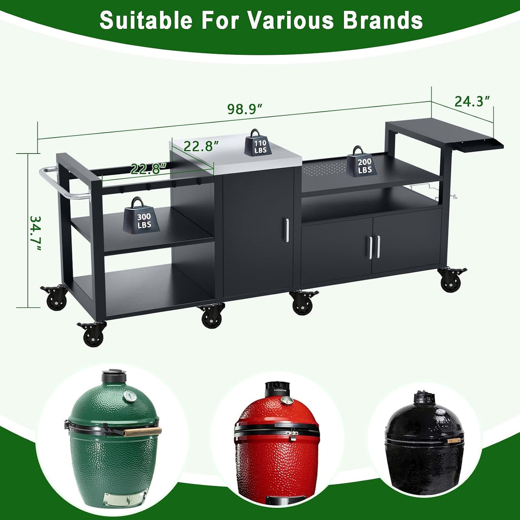 GDLF Outdoor Grill Cart for Big Green Egg& Blackstone Griddle, Metal Grill Table Compatible with Large Big Green Egg and 28'/36' Blackstone Griddle, Waterproof Cover Included