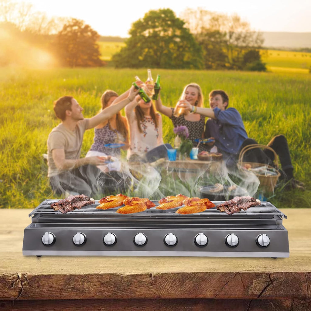8 Burners Gas BBQ Grill,Stainless Steel Patio Garden Barbecue Grill with Adjustable Height, Flat Top Gas Grill,Countertop Flat Top Griddle for Outdoor Cooking Camping BBQ