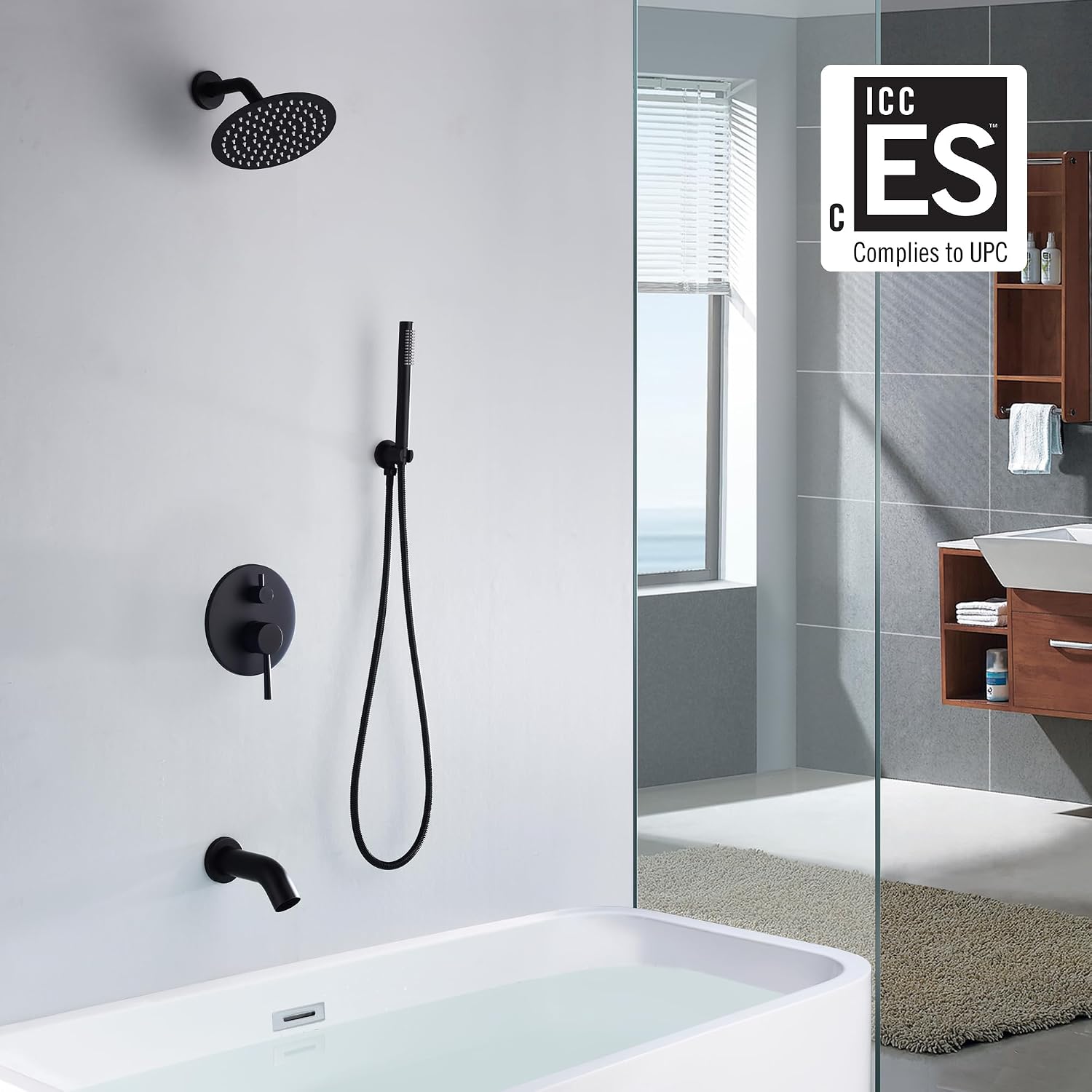 Matte Black Rain Shower Systems with Waterfall Tub Spout, Shower Faucets Sets Complete with 8 Inches Rain Shower Head and Handheld