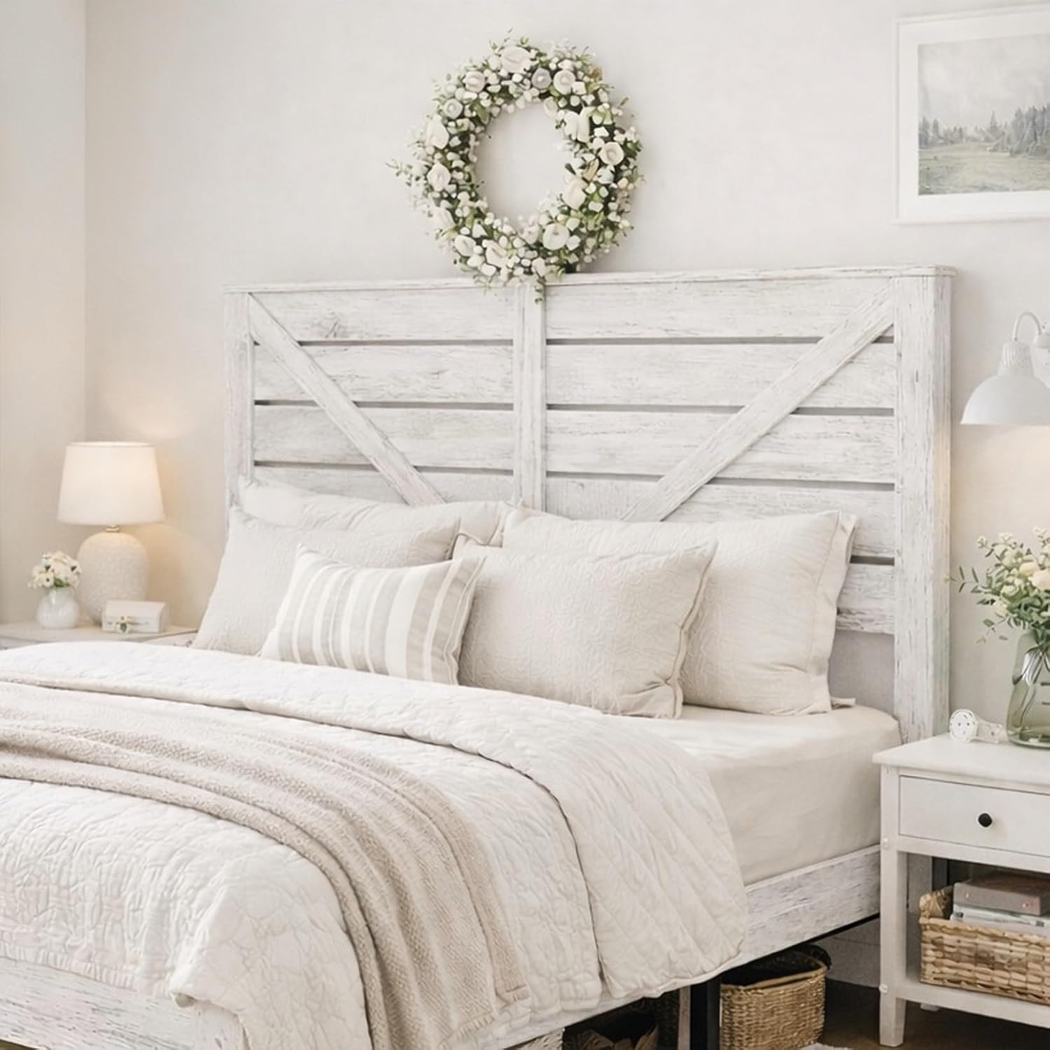 Queen Size Bed Frame with Headboard – Farmhouse Style Platform with LED Lights USB Charging No Box Spring Easy Assembly White Boho Bed Frame Modern Bedroom Sets (Boho White, Queen)