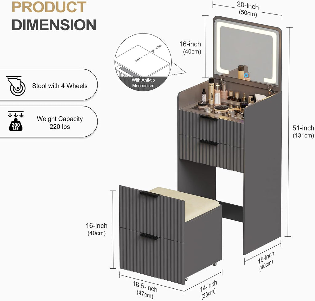 Lvifur 3 in 1 Small Vanity Desk with Plip Top Mirror,Makeup Vanity Set with Visible Glass Desktop,Compact Vanity with 3 Drawers,Storage Compartment and Padded Stool,Dressing Table for Bedroom,Grey