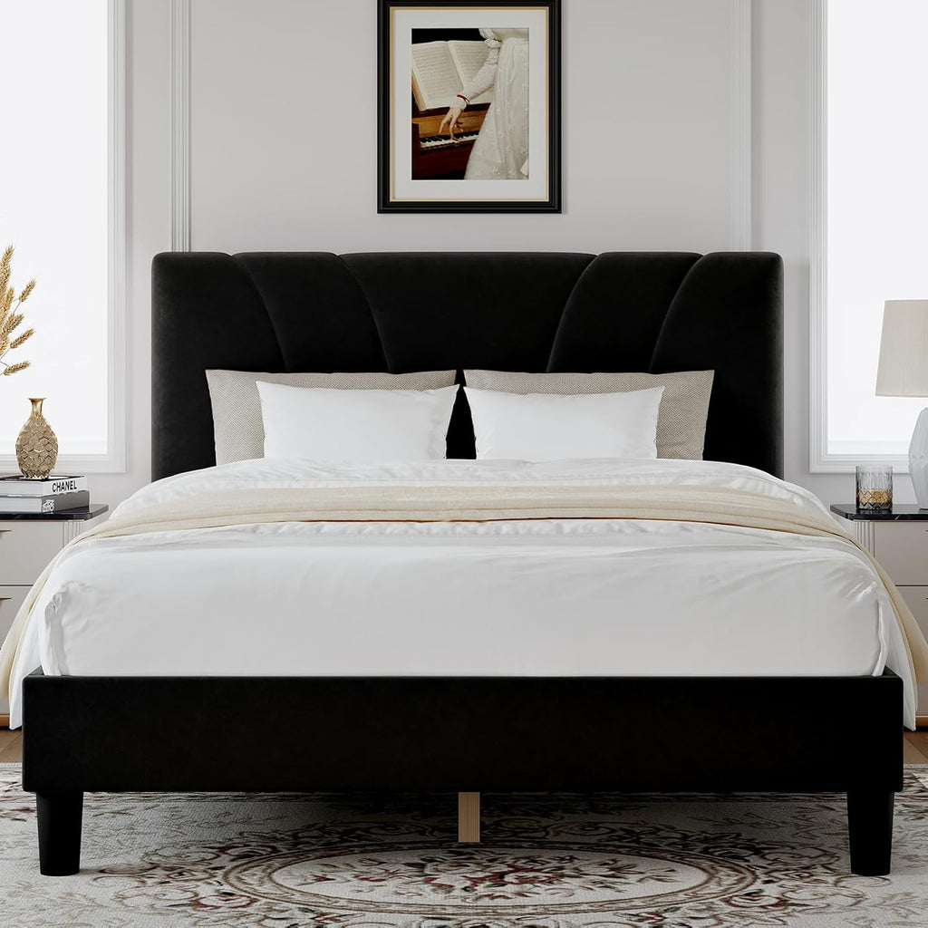 Novilla Full Size Bed Frame with Headboard, Full Bed Frame with Wooden Slats Support, Velvet Upholstered Headboard, No Box Spring Needed, Heavy Duty Feet, Easy Assembly, Black Velvet
