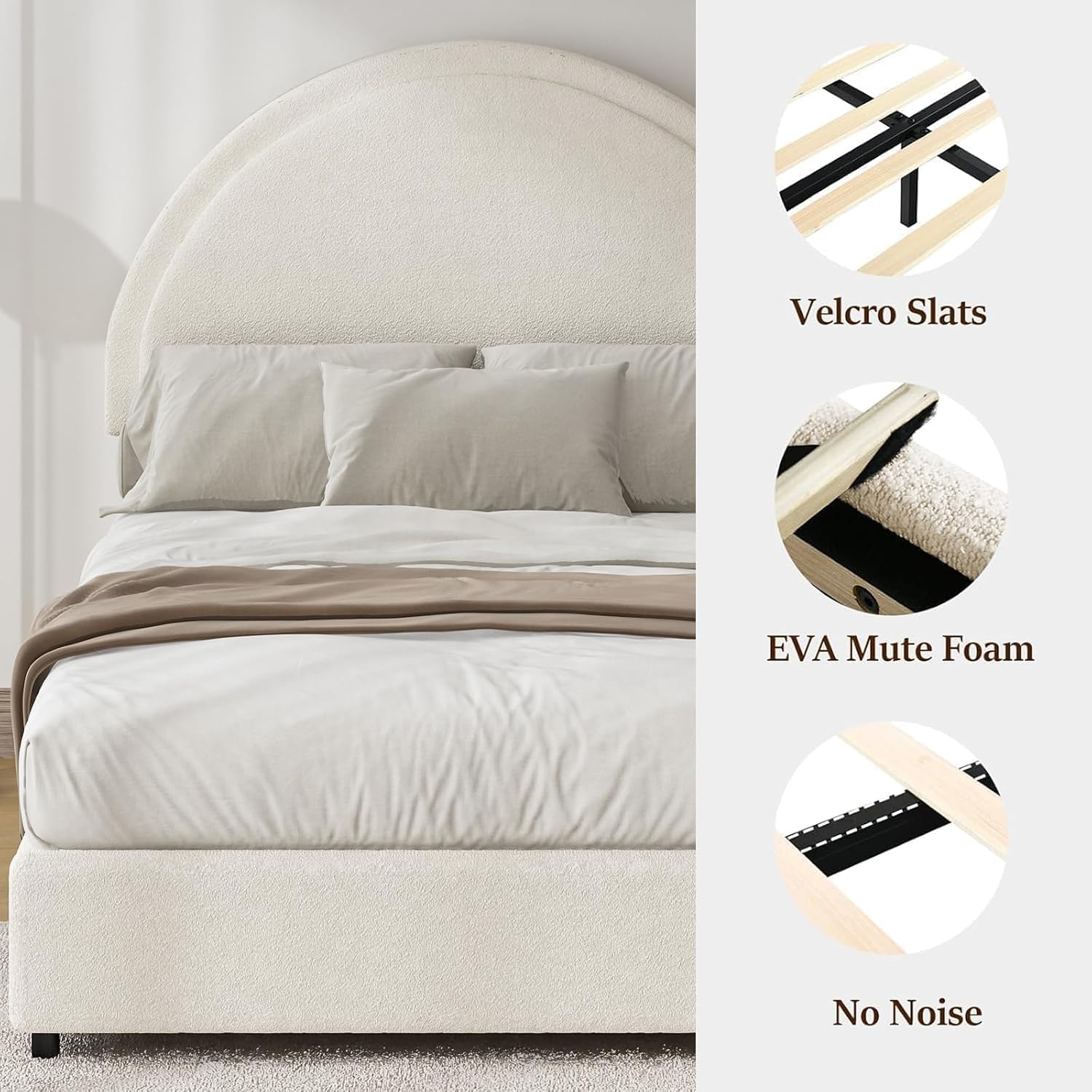 REVOMINCA Twin Size Bed Frame, Boucle Upholstered Platform Bed with Headboard, Cloud Bed Frame with Soft Rounded Corners, No Box Spring Required, Easy Assembly, White