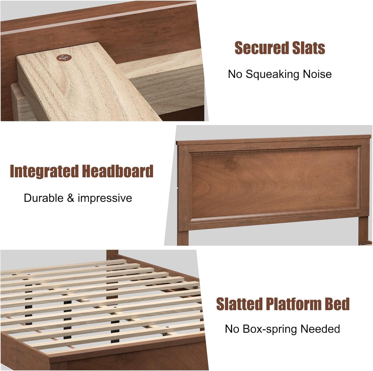 KOMFOTT Queen Size Wood Platform Bed Frame with Headboard, Wooden Mid Century Platform Bed with Slat Support & Under Bed Storage, Mattress Foundation Bed Base, No Box Spring Needed, Walnut
